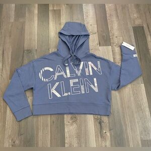 Calvin Klein Performance Workout Cropped Blue Hoodie Size Medium Drawstring Hood
